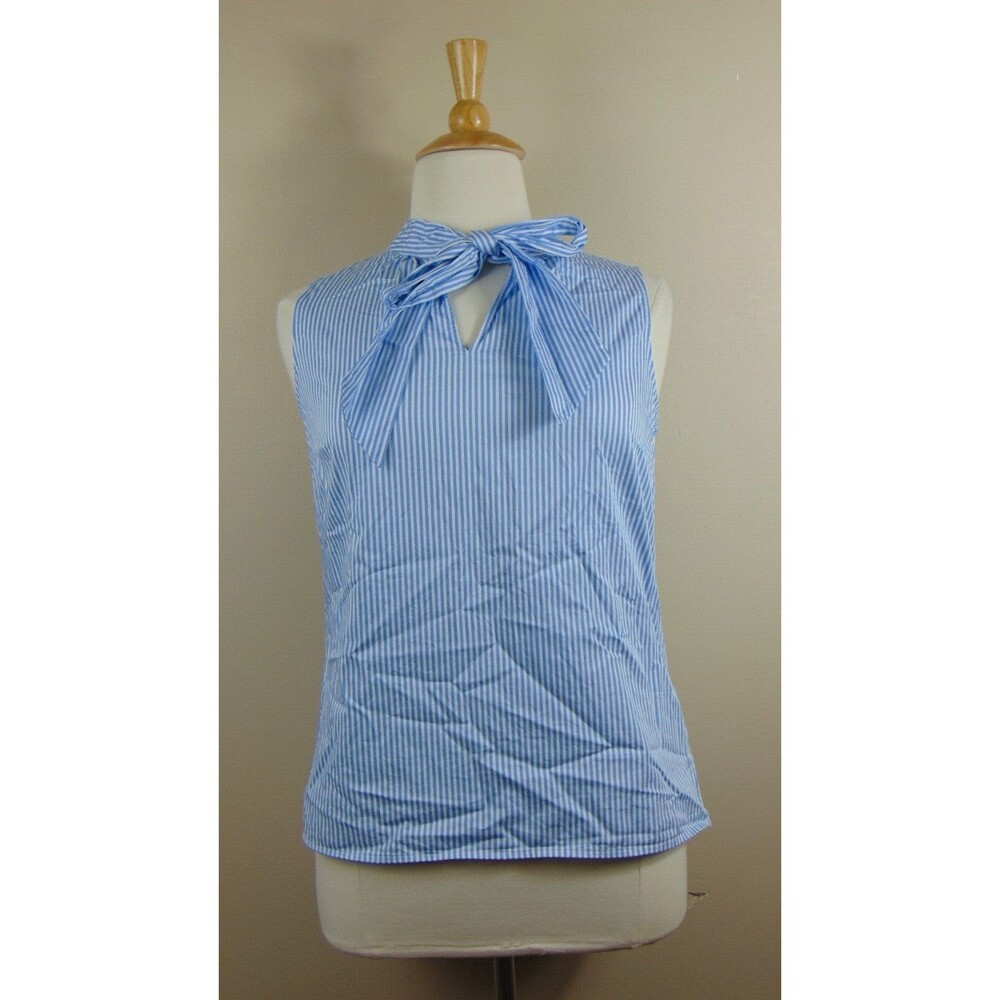 Talbots Sleeveless Tank Size 12 Blue / White Stripe Light Weight Neck Tie Cotton